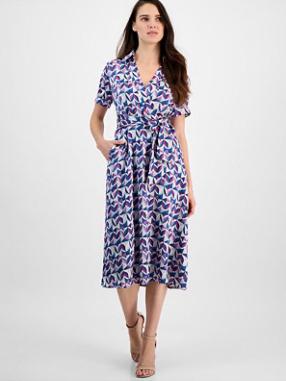Tahari ASL Geometric Print Wrap Maxi Dress in Purple, Blue & White